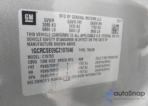 2012 Chevrolet Silverado 1500 Lt из США, поврежденный, VIN 1GCRCSE09CZ187046